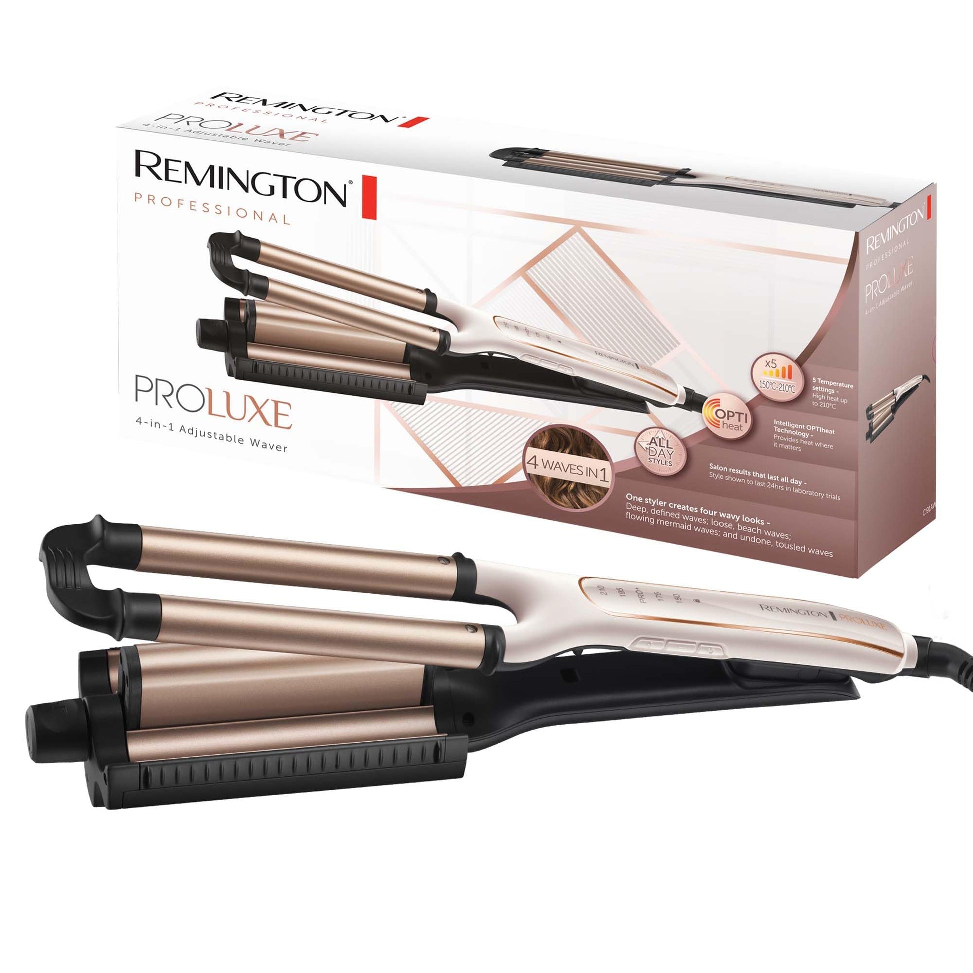 Remington Welleneisen [Testsieger] ProLuxe 4-in-1 Lokšņu dzelzs: Pludmales, dabiski viļņi, ūdens viļņi, (Digitālais displejs, temperatūras iestatījums līdz 210°C) Krepēšanas dzelzs, Multistyler CI91AW, Balta roze