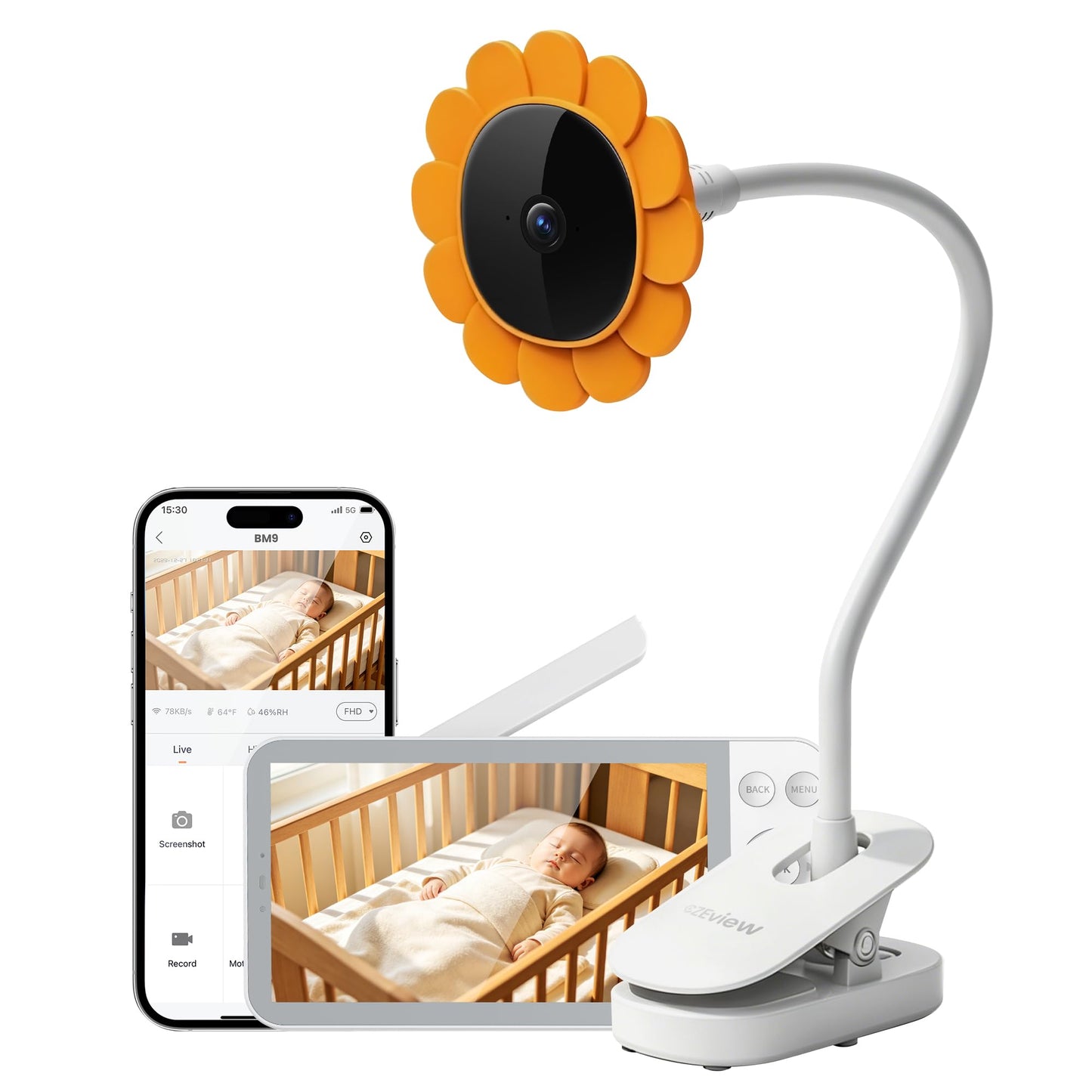 Bērnu monitors ar kameru CZEview un lietotni, 5,5 collu video baby monitors bez Wi-Fi starp kameru un monitoru, Wi-Fi tālruņa savienojums, nakts redzamība, divvirzienu audio, VOX, temperatūra (balts)