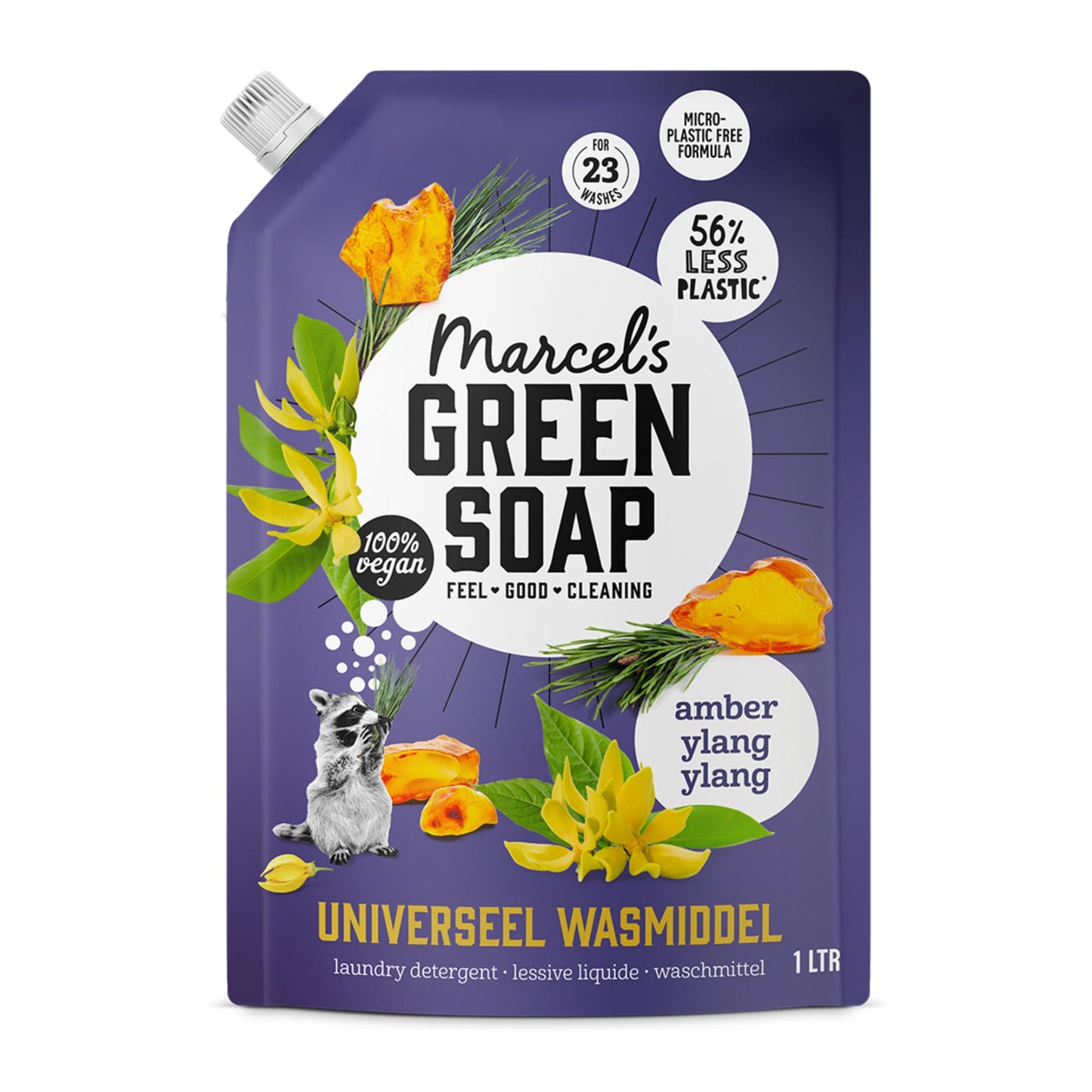 Marcel's Green Soap šķidrā mazgāšanas līdzekļa uzpilde Amber & Ylang Ylang baltai un krāsainai veļai, vegāns, pārstrādājams iepakojums, 23 mazgāšanas reizes, 1L