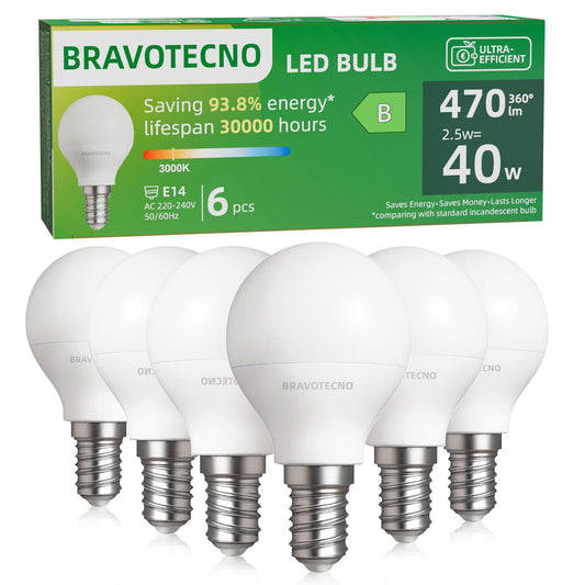 bravotecno E14 LED spuldze, energoefektivitātes klase B, E14 LED silti balta, 3000K 2.5W 470LM G45/P45 silti balta spuldze, atbilst 40W, 360° starošanas leņķis, nedimmējama, zemas siltuma izdalīšanās un ilgmūžīga, 6 gab.