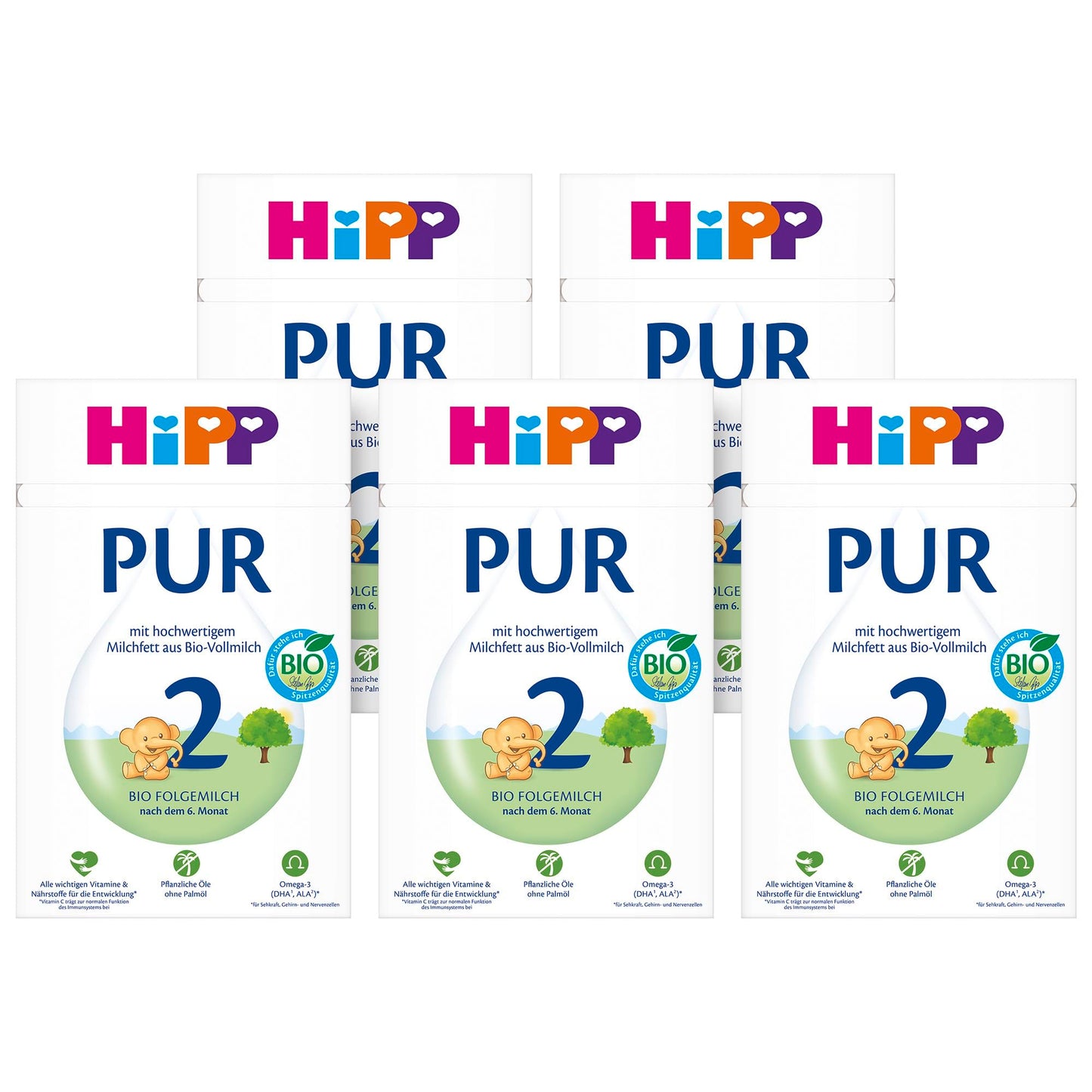 Maisījums zīdaiņiem HiPP 2 PUR, 5 x 500 g, no 6. mēneša, ar augstvērtīgiem piena taukiem no bio pilnpiena, bez palmu eļļas, ar vitamīniem, uzturvielām un Omega 3
