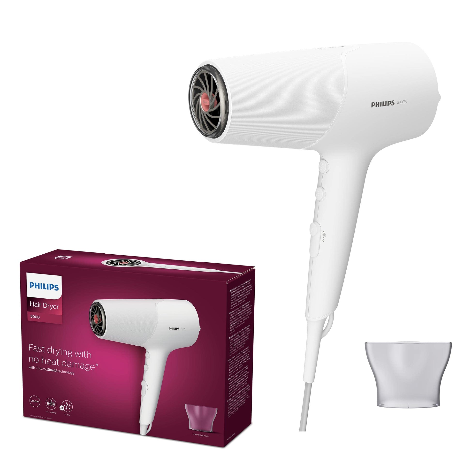 Philips matu žāvētājs 5000 sērijā ar ThermoShield tehnoloģiju, 3 siltuma un 2 ātruma iestatījumiem, 2.100 W žāvēšanas jauda, BHD500/00