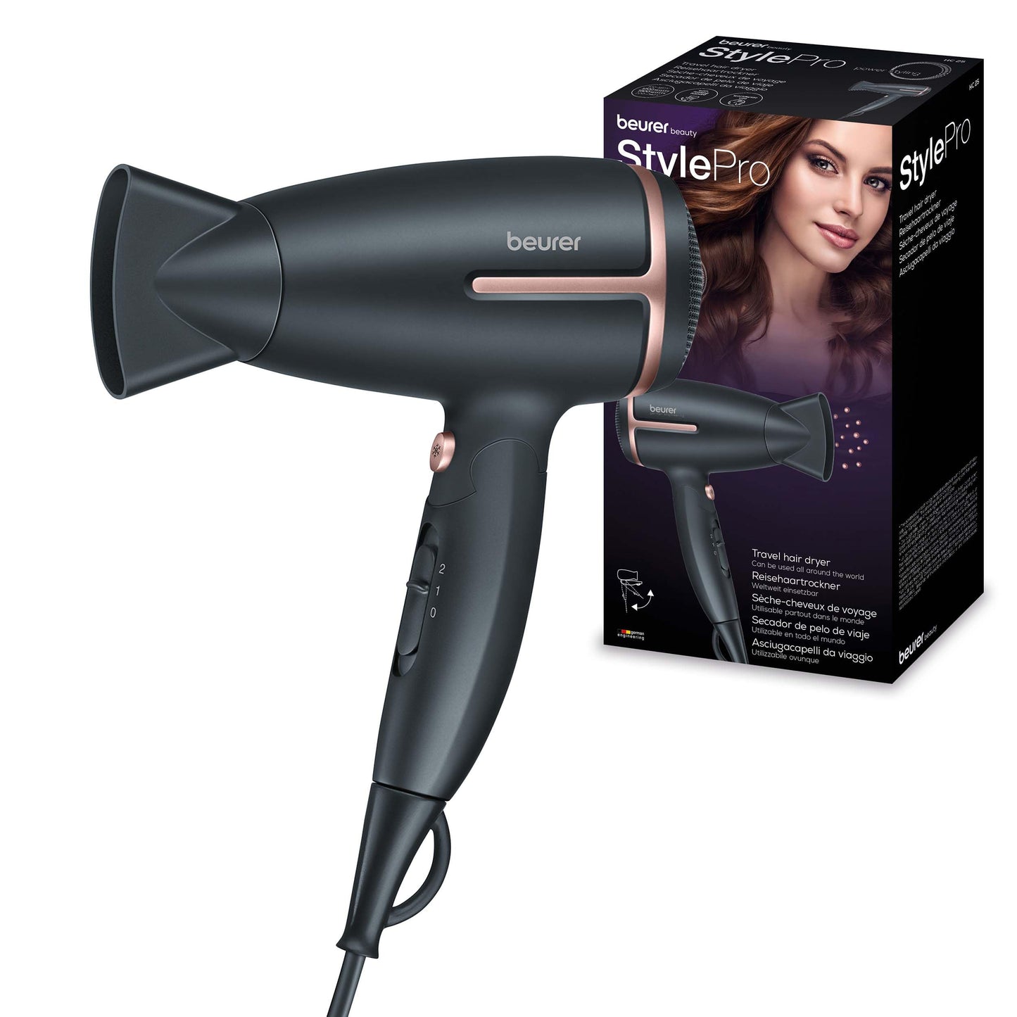 Beurer HC 25 ceļojumu matu fēns ar jonu funkciju, jaudīgs fēns, gludiem un mīkstiem matiem, salokāms, ideāli piemērots ceļojumiem, 1600 vati, globāla sprieguma pielāgošana 110-120/220-240 V