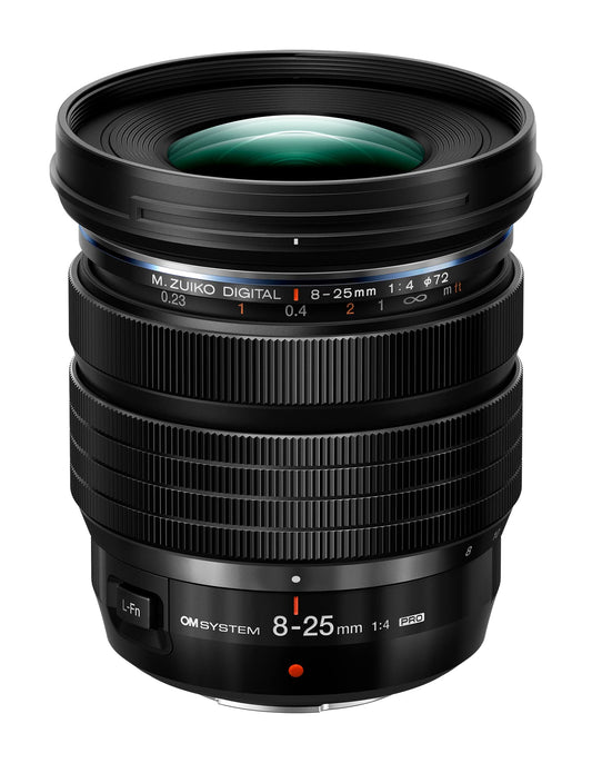OM SYSTEM M.Zuiko Digital ED 8-25mm F4.0 PRO, plaša leņķa zoom objektīvs, piemērots visām Micro-Four-Thirds sistēmas kamerām (Olympus OM-D un Pen modeļiem, Panasonic G sērijai), melns