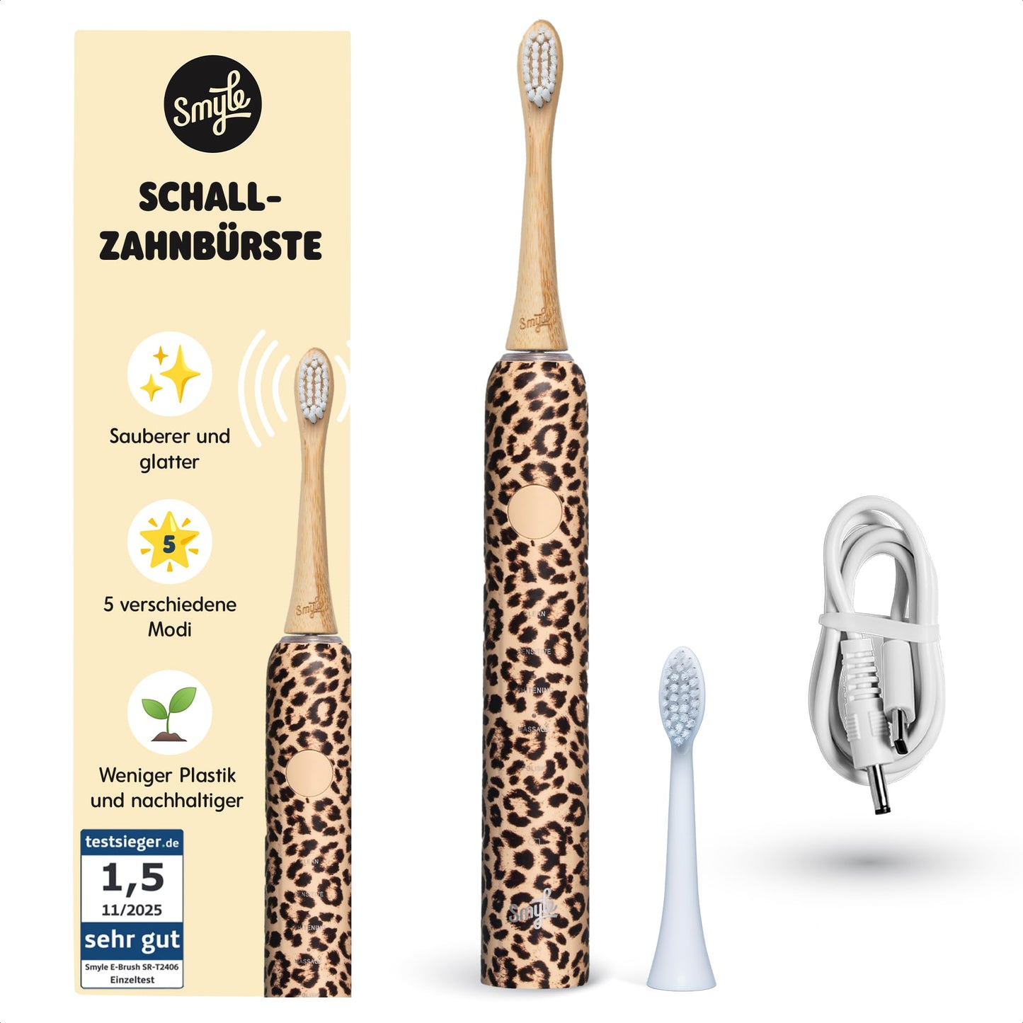 Zobu birste Smyle, skaņas zobu birste ar spiediena sensoru, elektriskā zobu birste ar 4 mēnešu akumulatoru, 40.000 vibrācijas/min, 5 režīmi, taimeris, USB-C, 2 birstes uzgaļi, ūdensizturīga, Panter