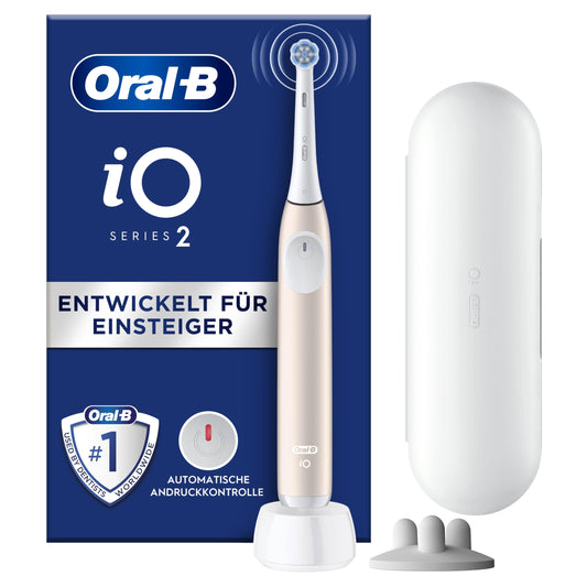Oral-B iO Series 2 elektriskā zobu birste, 1 uzlikama birste, 3 tīrīšanas režīmi zobu kopšanai, magnēta tehnoloģija, ceļojuma maciņš, uzlikamo birstu turētājs, izstrādājusi Braun, Calm Pink