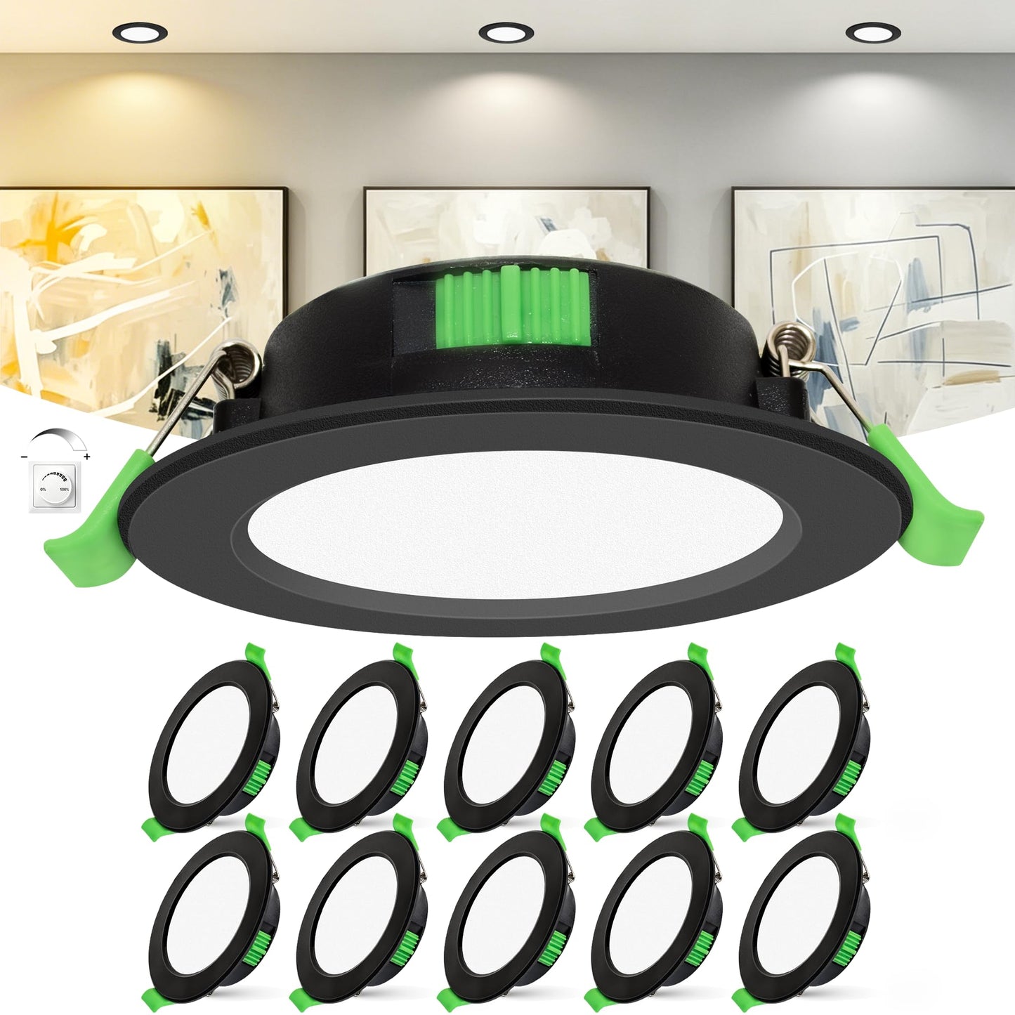 Laiebri LED iebūvējamie prožektori 230V dimmējami 10er komplekts, 55–68 mm izgriezums, 0–100% nepārtraukti regulējami, īpaši plāni 25 mm, 6W, 2700K/4000K/6500K iebūvējamie gaismekļi, IP44 LED gaismekļi vannai, virtuvei, viesistabai, melni