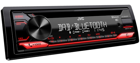 JVC KD-DB622BT CD autoradio ar DAB+ un Bluetooth brīvroku sistēmu (skaņas procesors, USB, AUX ieeja, Spotify kontrole, 4 x 50 vati, sarkana taustiņu apgaismojums, bez antenas)