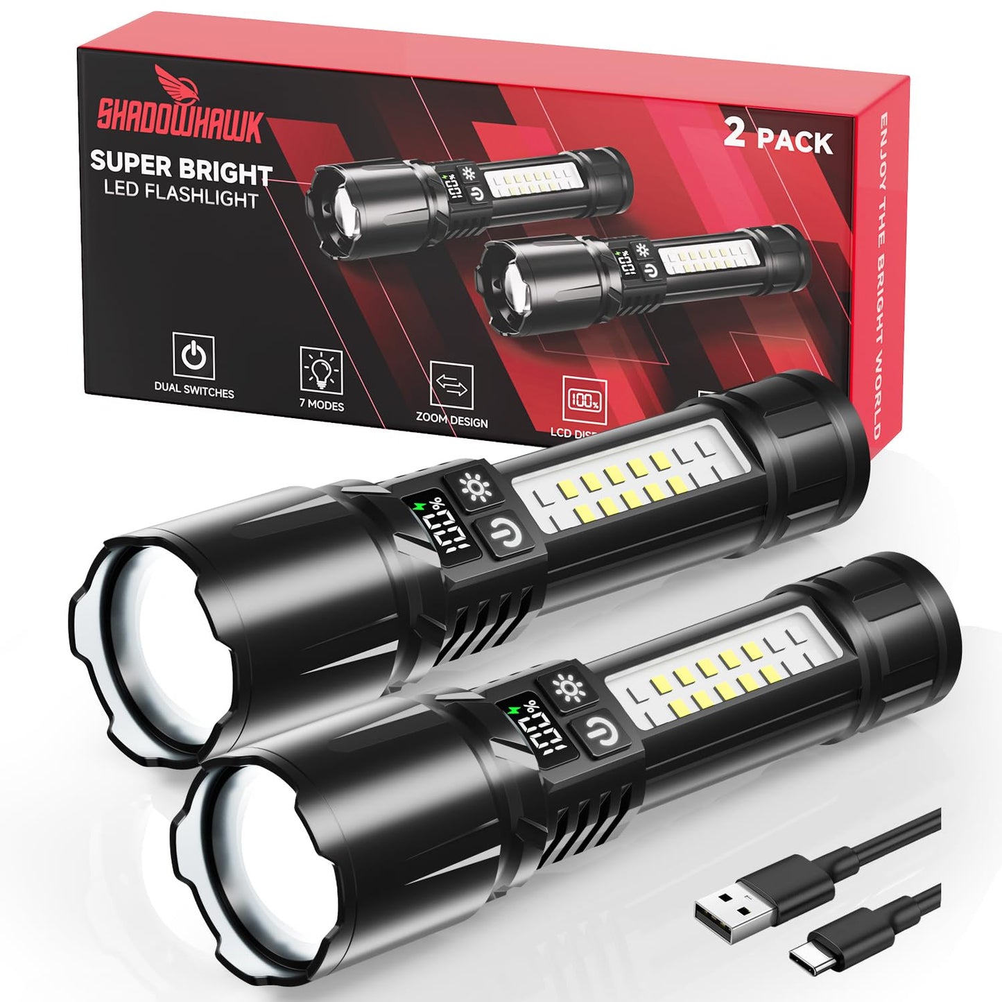 Taktiskā LED kabatas lampa Shadowhawk 2 gab. uzlādējama ar COB sānu gaismu