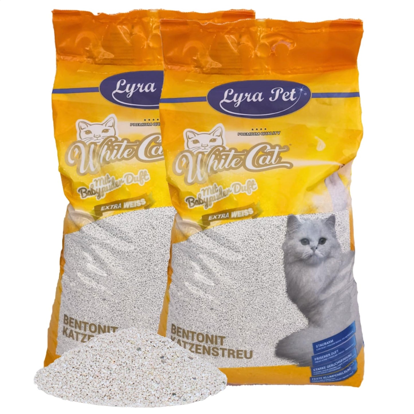 Kaķu pakaiši Lyra Pet® White Cat® 30 litri (2 x 15 L), bentonīts, mazuļu pūdera aromāts