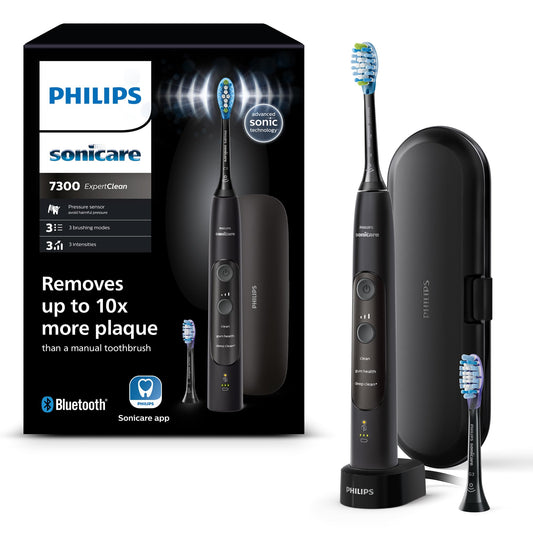 Philips Sonicare ExpertClean 7300 elektriskā zobu birste, skaņas zobu birste ar lietotni, 3 tīrīšanas režīmi un 3 intensitātes līmeņi, spiediena sensors, ceļojumu futrālis, melns, modelis HX9601/02