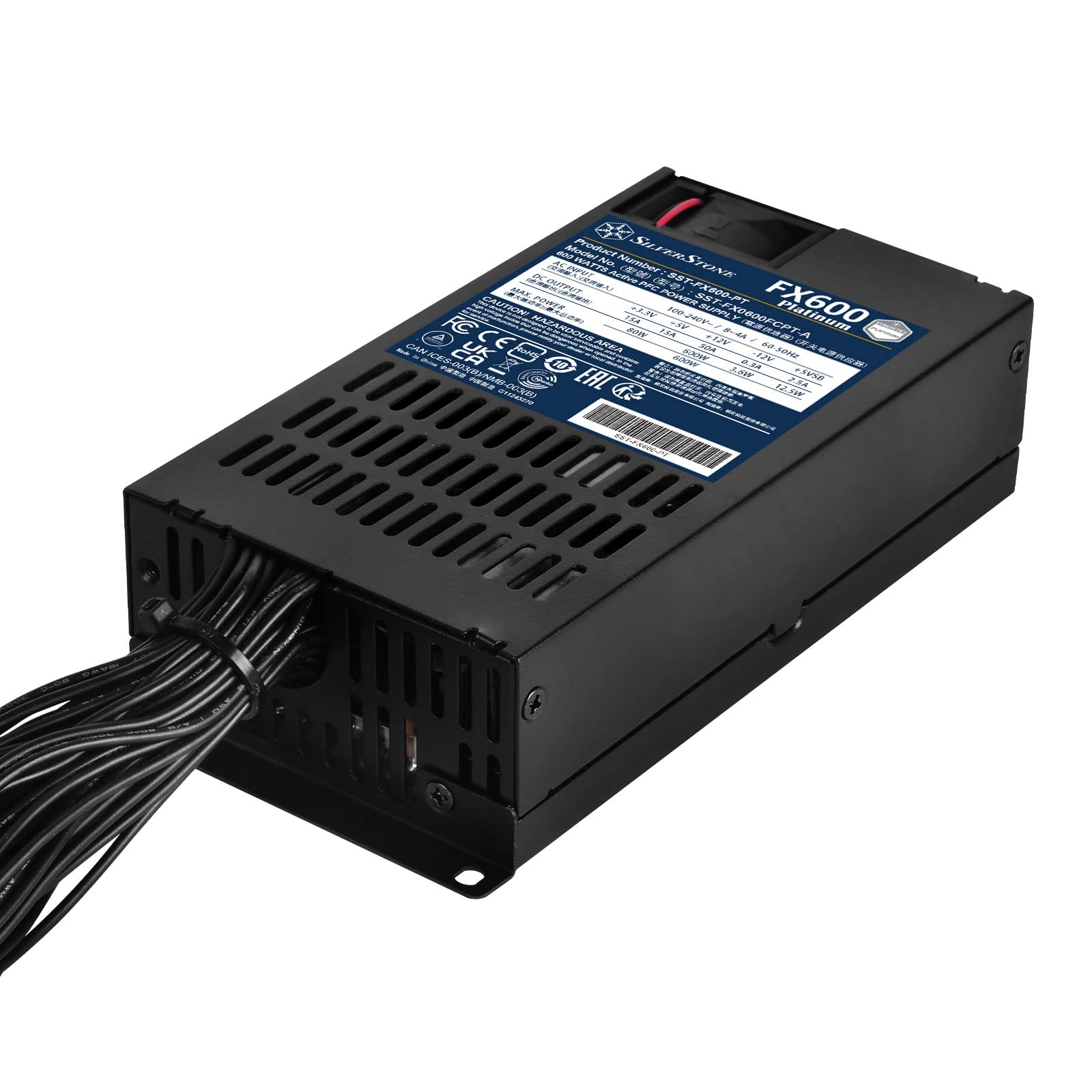SilverStone FX600 Platinum - 600W Cybenetics Platinum-Flex-ATX power supply with high efficiency and compact design.