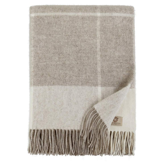 Merino vilnas sega Linen & Cotton Olivia, 100% mīksta merino vilna, rūtaini bēša, brūna un dabīga, 140 x 200 cm, dīvāna sega ar bārkstīm