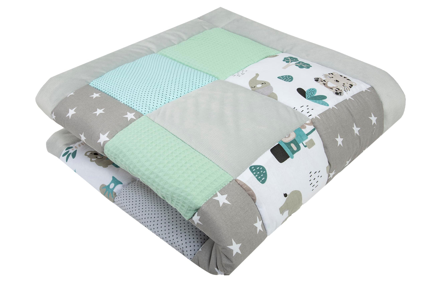 Medi Partners rāpošanas sega zīdaiņiem, spēļu paklājs 100% kokvilna, rāpošanas paklājiņš, 120x120cm bieza mīksta sega, ieliktnis sētiņai, mazuļu sega, minky vafeļu audums, spēļu arka (Mint Zoo)