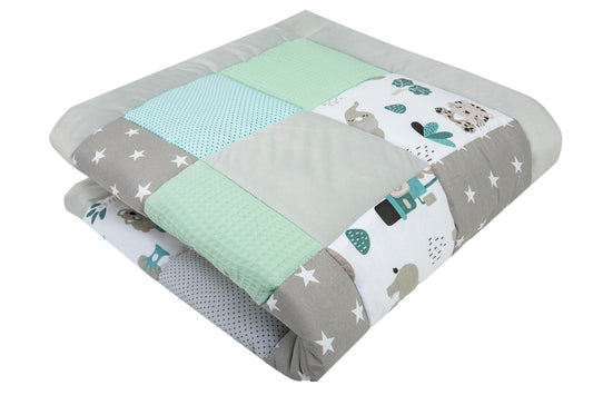 Medi Partners rāpošanas sega zīdaiņiem, spēļu paklājs 100% kokvilna, rāpošanas paklājiņš, 120x120cm bieza mīksta sega, ieliktnis sētiņai, mazuļu sega, minky vafeļu audums, spēļu arka (Mint Zoo)