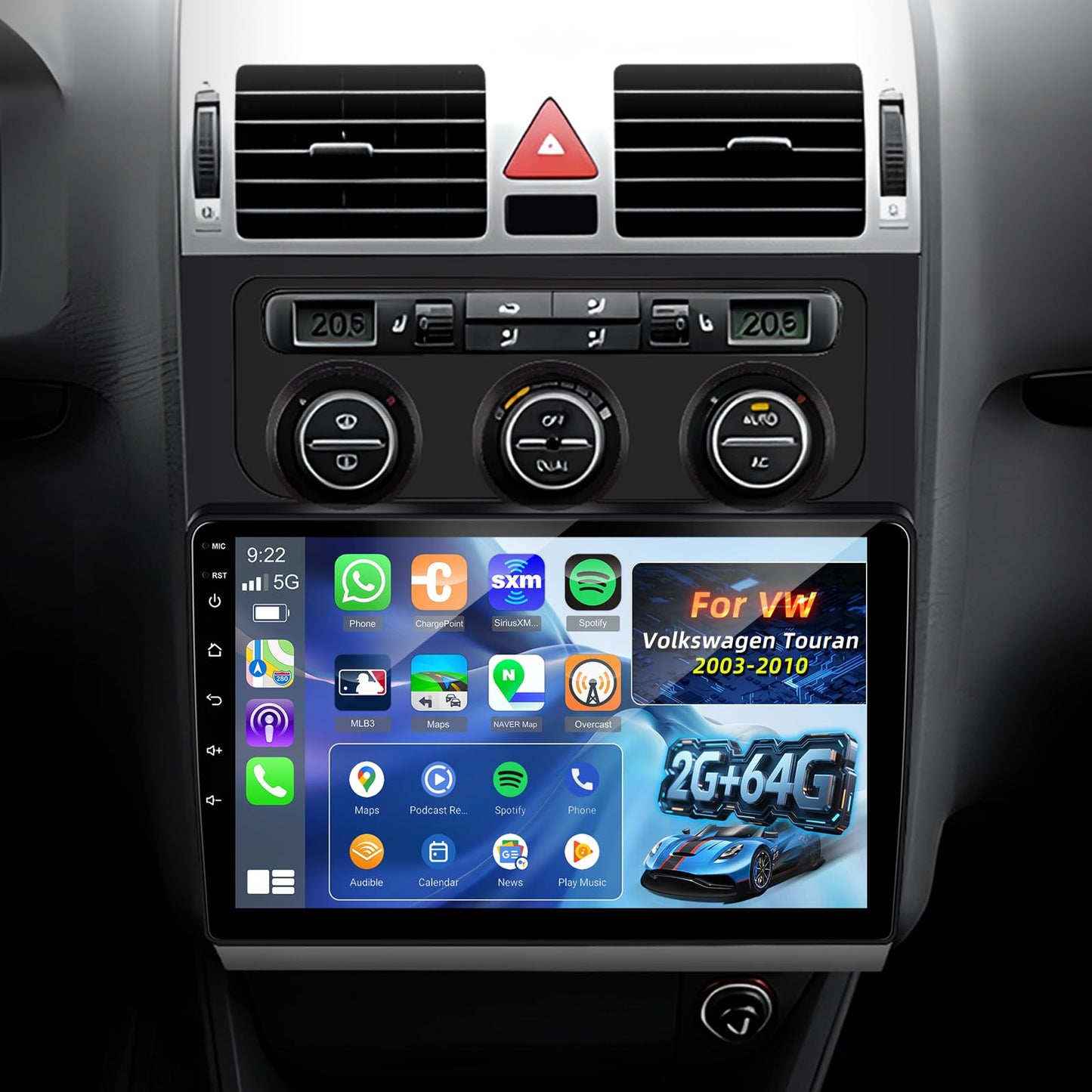 Autoradio VW Volkswagen Touran 2003-2010 ar bezvadu Carplay un Android Auto, [2G+64G], 10,1 Zoll HD skārienekrāns, GPS, WiFi, Bluetooth, EQ, FM RDS