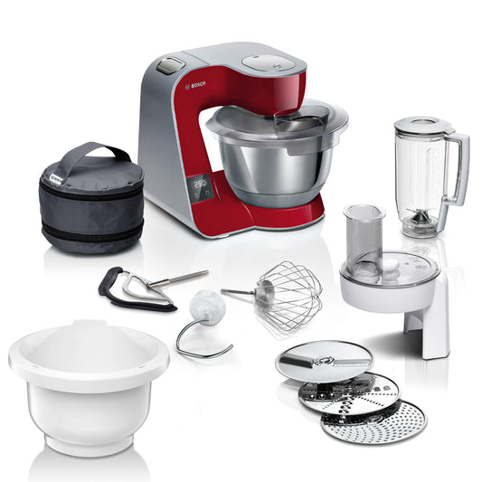 Bosch virtuves mašīna sērija 4 MUM5X734, integrēta svari, nerūsējošā tērauda bļoda 3,9 L, miksera uzgalis 1,25 L, plastmasas bļoda, planētas maisītājs, maisīšanas komplekts, caurplūdes dārzeņu griezējs, 1000 W, tumši sarkana/sudraba