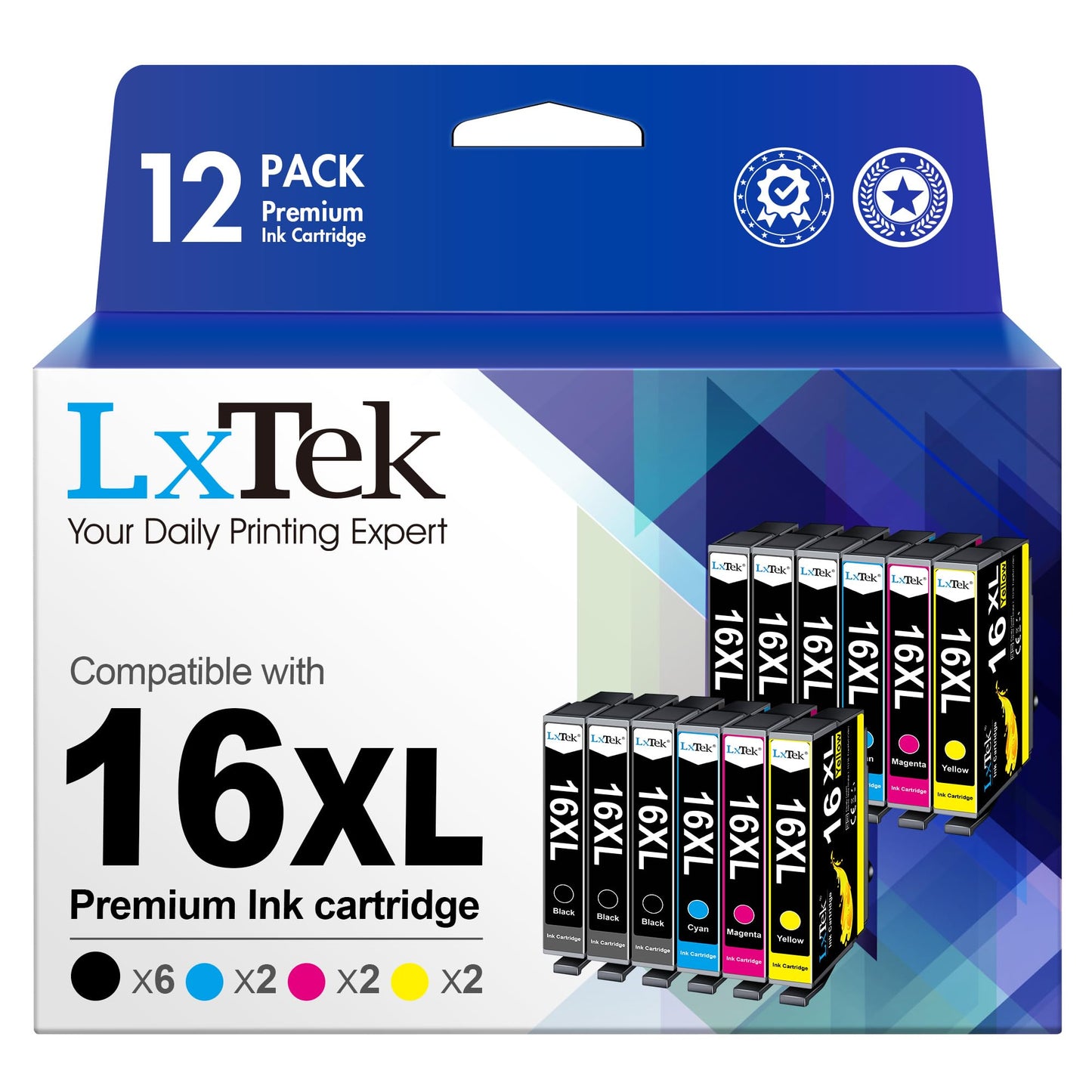 LxTek 16XL kasetnes - 6 melnas, 2 ciāna, 2 magenta, 2 dzeltenas, saderīgas ar Epson Workforce WF-2630 un citiem.