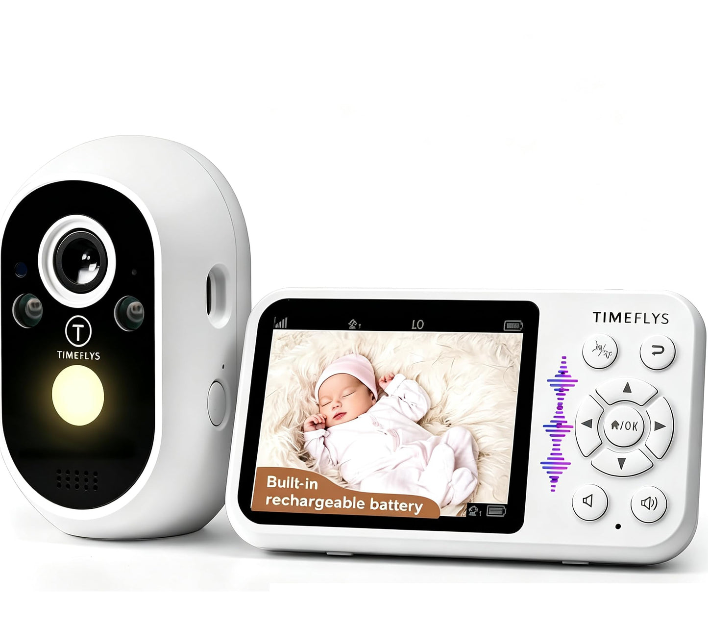 Video babyphone TimeFlys ar kameru, iebūvētu akumulatoru, nakts redzamību, 2 virzienu audio, 8 šūpuļdziesmām, 2 reizes zoom, Vox trauksmi, bez Wi-Fi, krabja stiprinājums