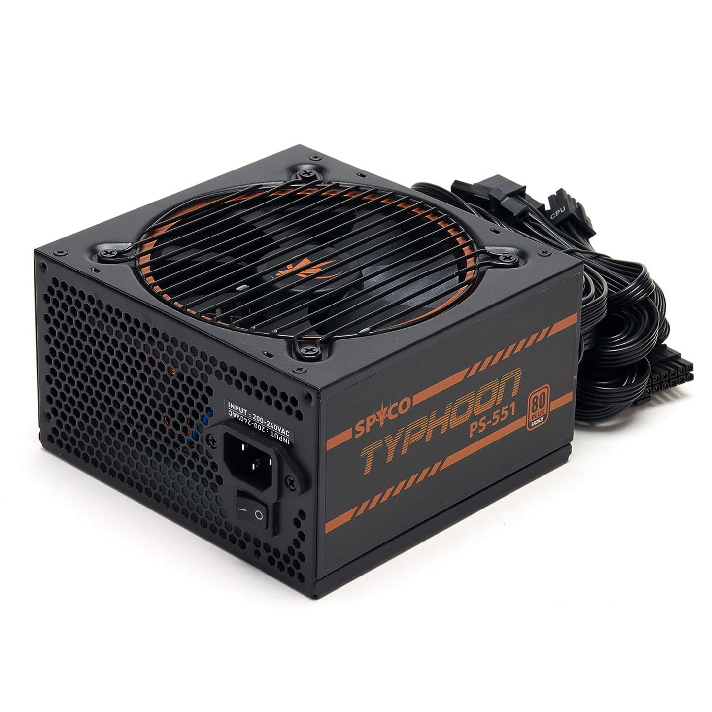 SPYCO Typhoon PS-551 - 550W, 80 Plus Bronze, non-modular, quiet ATX power supply with Teapo capacitors, 5-year warranty.