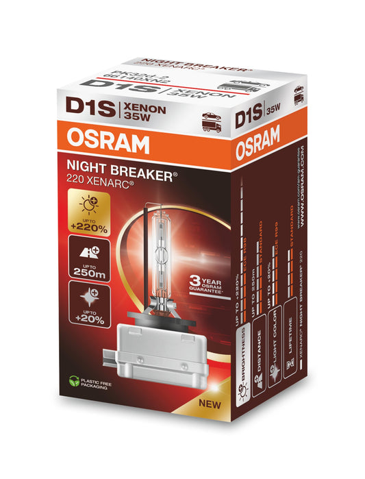 OSRAM XENARC NIGHT BREAKER 220, D1S, +220% vairāk gaismas, Xenon luktura spuldze, 66140XN2, salokāmā kastē (1 spuldze)