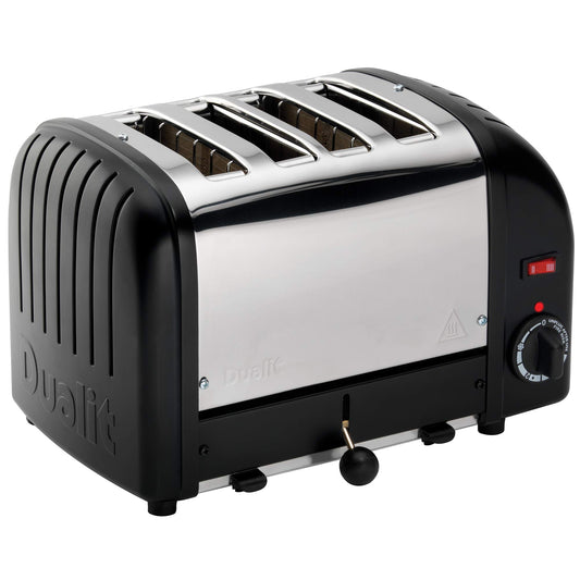 Dualit Classic 4-fach Vario 2.2kW tosteris, melns un nerūsējošais tērauds, roku darbs Apvienotajā Karalistē, maināmi Proheat elementi, 2 vai 4 sloti, maizes atkausēšana, mehāniskais taimeris, modelis 40344, E266