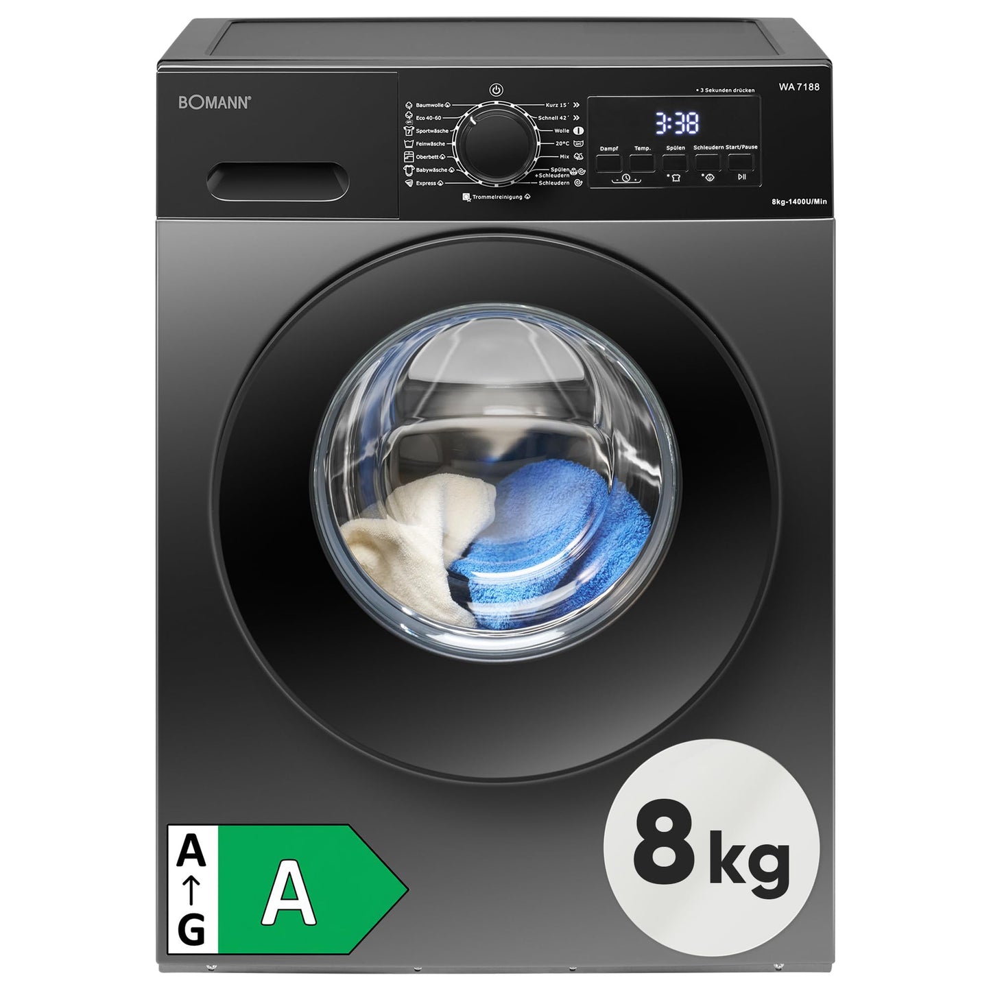 Bomann® veļas mašīna 8kg | 5 gadu motora garantija | invertora motors efektīvs, kluss un ilgmūžīgs | max. 1400 U/min | 15 programmas | tvaika funkcija | LED displejs | Washing Machine | WA 7188 titāna melns