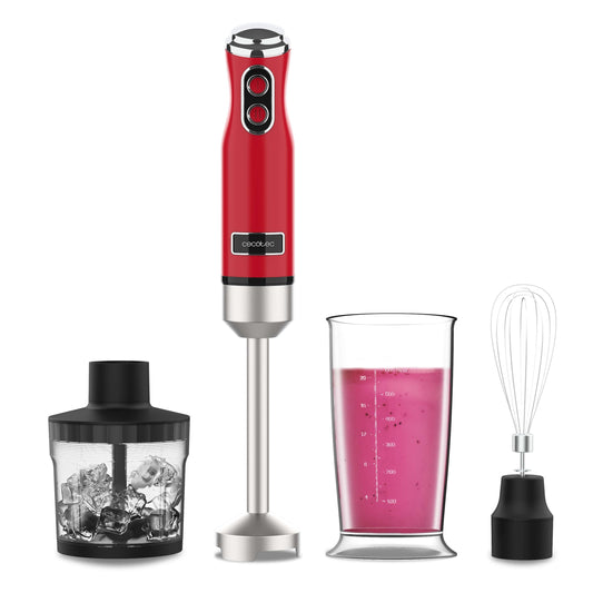 Cecotec rokas mikseris Power RetroRed 1200MAX Cream&Crush, maksimālā jauda 1200 W, CrossBlades tehnoloģija, 2 ātrumi, trauku mazgājamā mašīnā mazgājams piederumu komplekts, izsmidzināšanas aizsargpārsegs