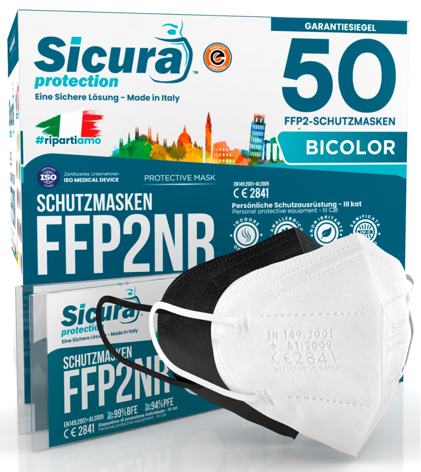 FFP2 respirators maskas 50 gab. CE sertificētas, melnas un baltas, Made in Italy, SICURA, reljefs logotips, BFE ≥99%, SANITIZED and SEALED, pluri sertificētas, 25 melnas + 25 baltas