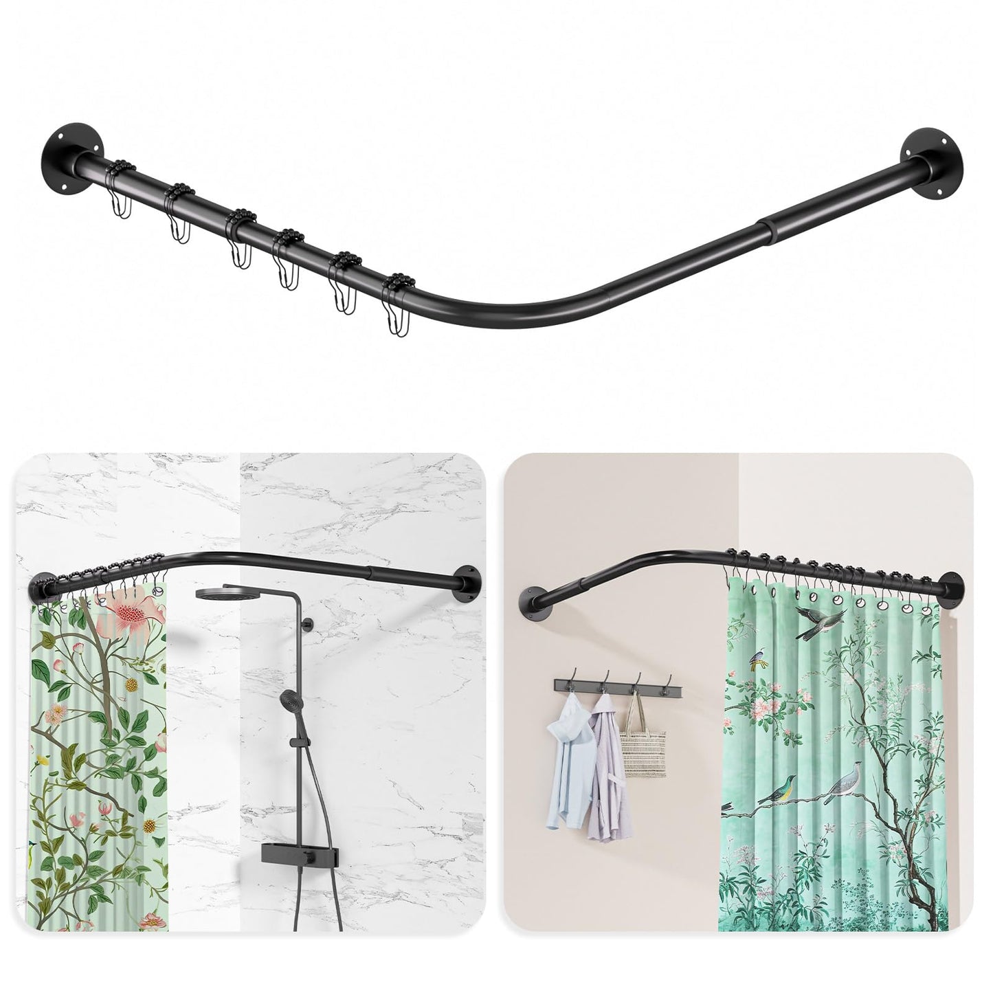 L formas dušas aizkaru stienis, bomoe [60-134 cm] × [60-134 cm] regulējams stienis stūrim, dušas aizkara turētājs ar 12 gredzeniem un griestu balstu vannai/vannas istabai, nepieciešama montāža ar urbšanu, melns