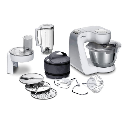 Bosch virtuves kombains sērija 4 MUM58W20, nerūsējošā tērauda bļoda 3,9 L, mikseris 1,25 L, planētas maisītājs, mīcīšanas āķis, putošanas un maisīšanas slotiņa nerūsējošā tērauda, caurplūdes dārzeņu griezējs, 3 diski, 1000 W, balts