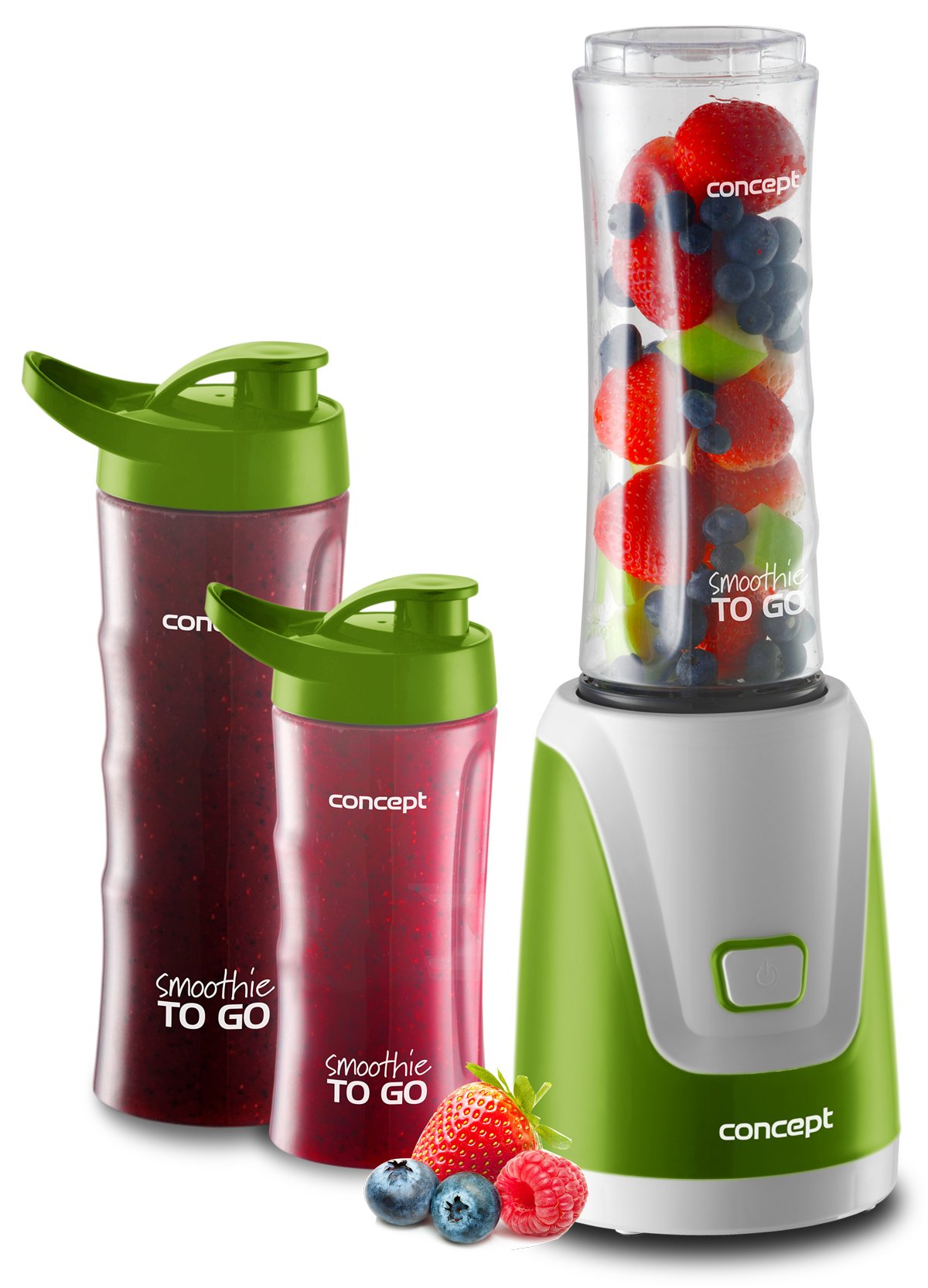 CONCEPT SM 3365 Smoothie Maker - 300W, 3 bottles (2x600ml, 1x400ml), BPA-free, green plastic, portable design.