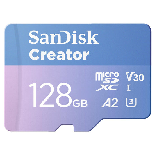 SanDisk Creator microSDXC UHS-I atmiņas karte 128 GB + adapteris (viedtālruņiem, kamerām un droniem, 5.3K & 4K, A2, C10, V30, U3, līdz 190 MB/s pārsūtīšana, iekļauts 3 mēnešu Adobe Lightroom)