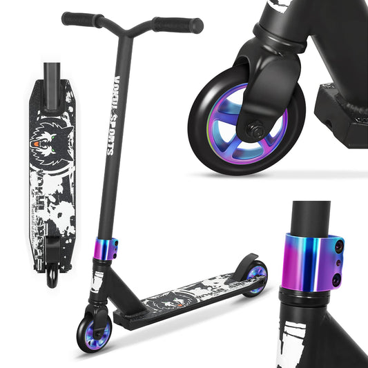 Triku skrejritenis Joycruise Profi Scooters, triku stunta skrejritenis jauniešiem un bērniem no 6 gadiem, freestyle kick scooter, 360 ° stūrēšana, street scooter, izturīgi Rainbow riteņi (melns)