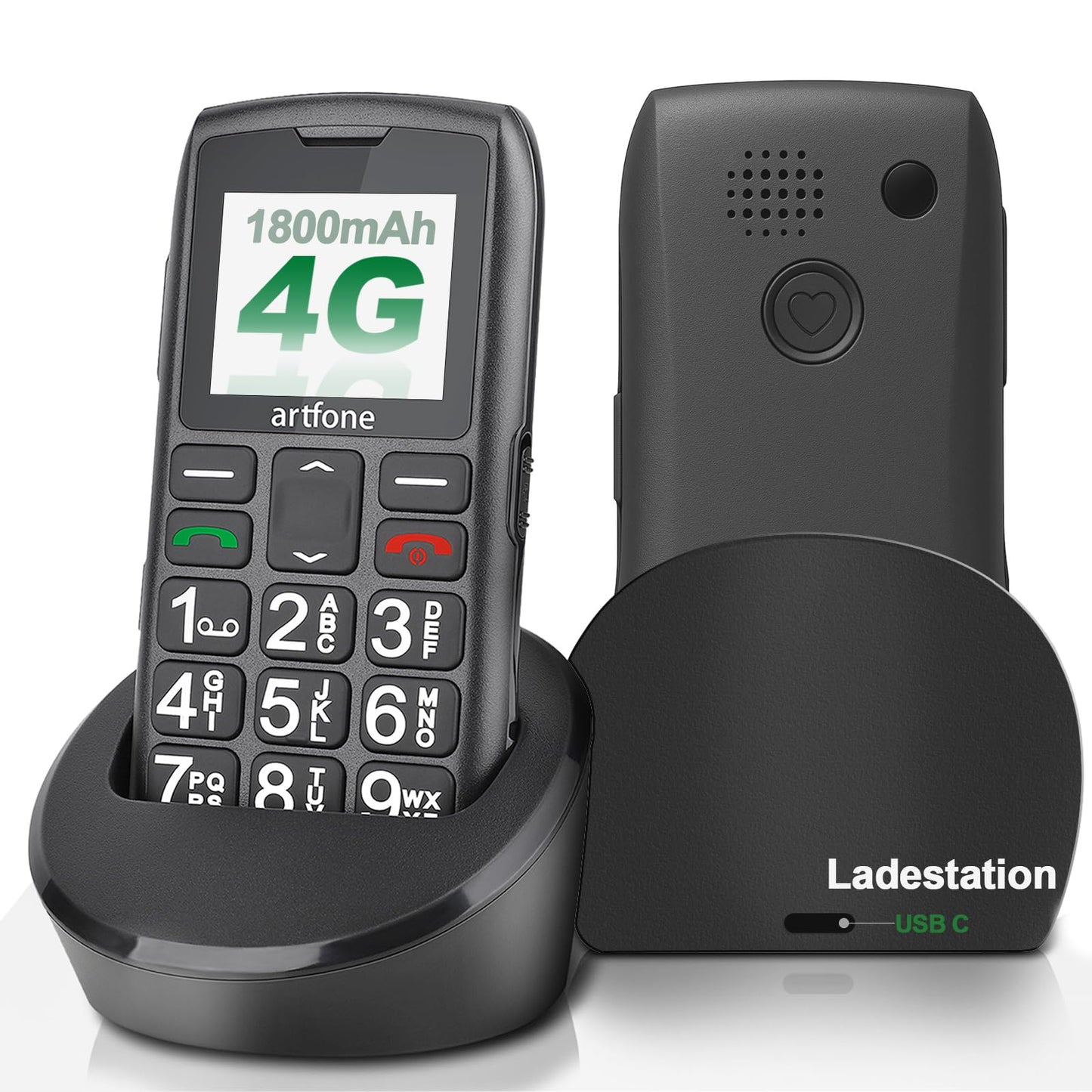 artfone 4G senioru mobilais tālrunis bez līguma, lieli taustiņi, SOS poga, USB-C, VoLTE