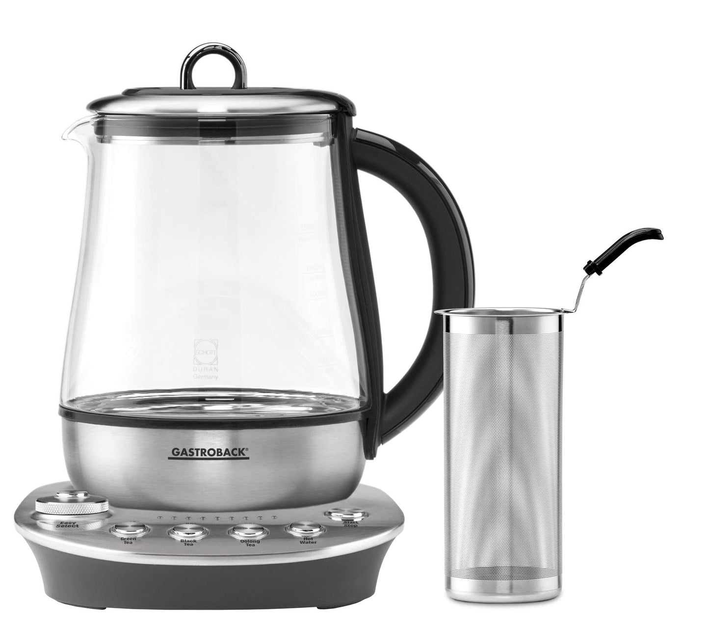 Gastroback 42434 Design Tea Aroma Plus - 1.5L glass kettle, 8 tea programs, 60-100°C, 1400W, silver and black design.