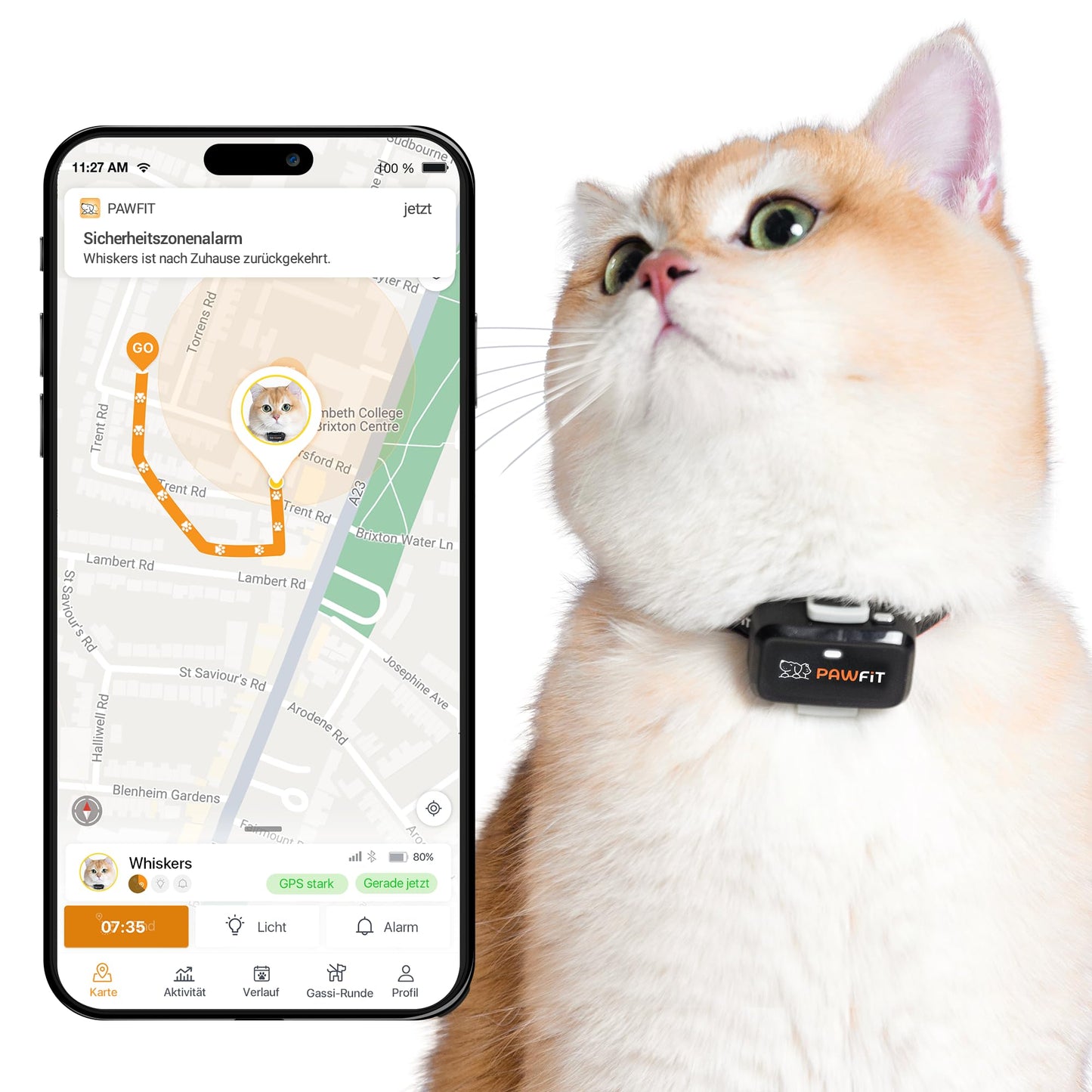 4G GPS izsekotājs kaķiem Pawfit Lite, īpaši kompakts <18g, reāllaika izsekošana un aktivitātes uzraudzība, atrašanās vietas vēsture, drošības kaklasiksna komplektā, ONYXSCHWARZ