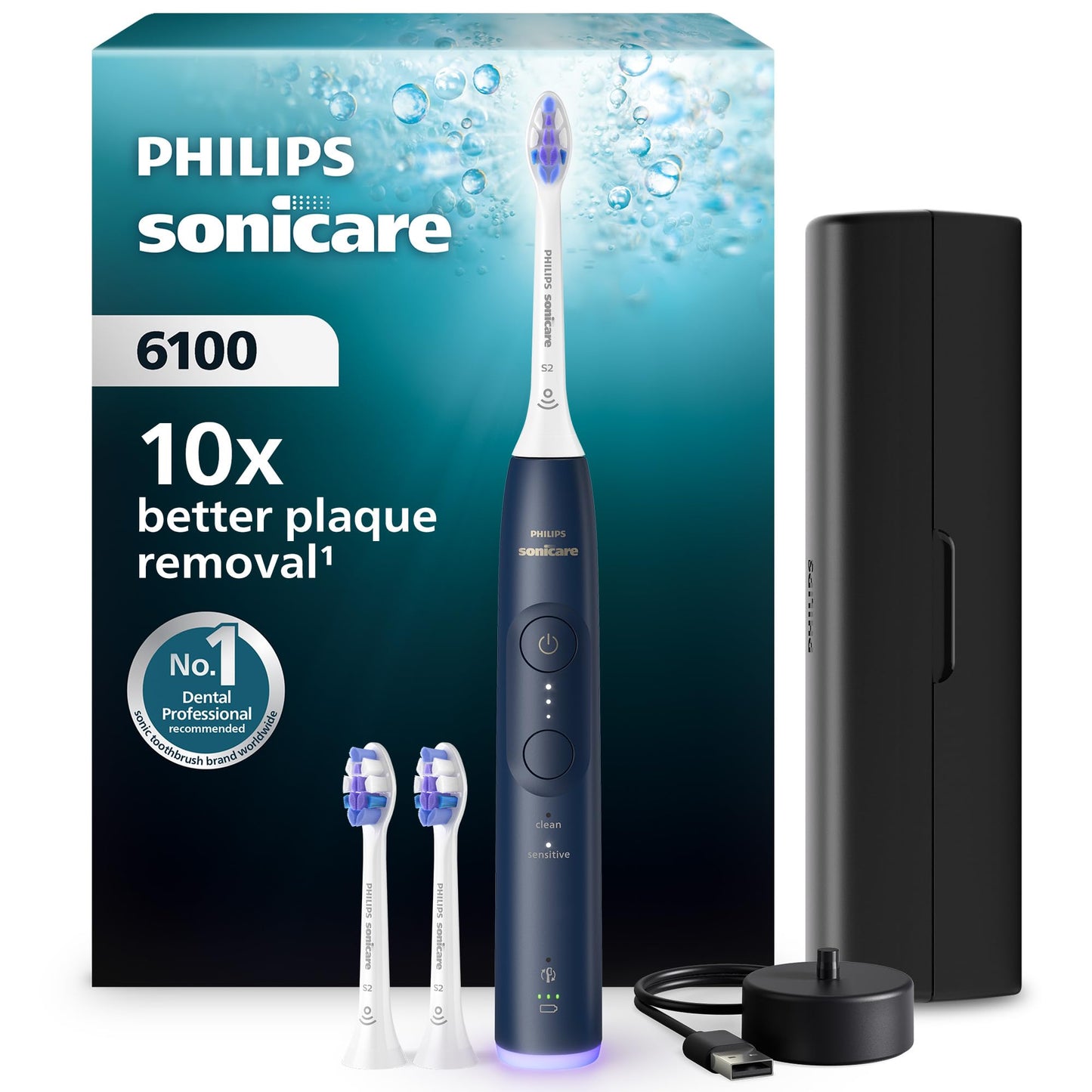 Philips Sonicare 6100 elektriskā zobu birste, skaņas zobu birste, 2 tīrīšanas režīmi, 3 intensitātes līmeņi, spiediena kontrole, EasyStart, SmarTimer, ceļojumu futrālis, jūras zils, modelis HX7403/01 [Jauna tehnoloģija]