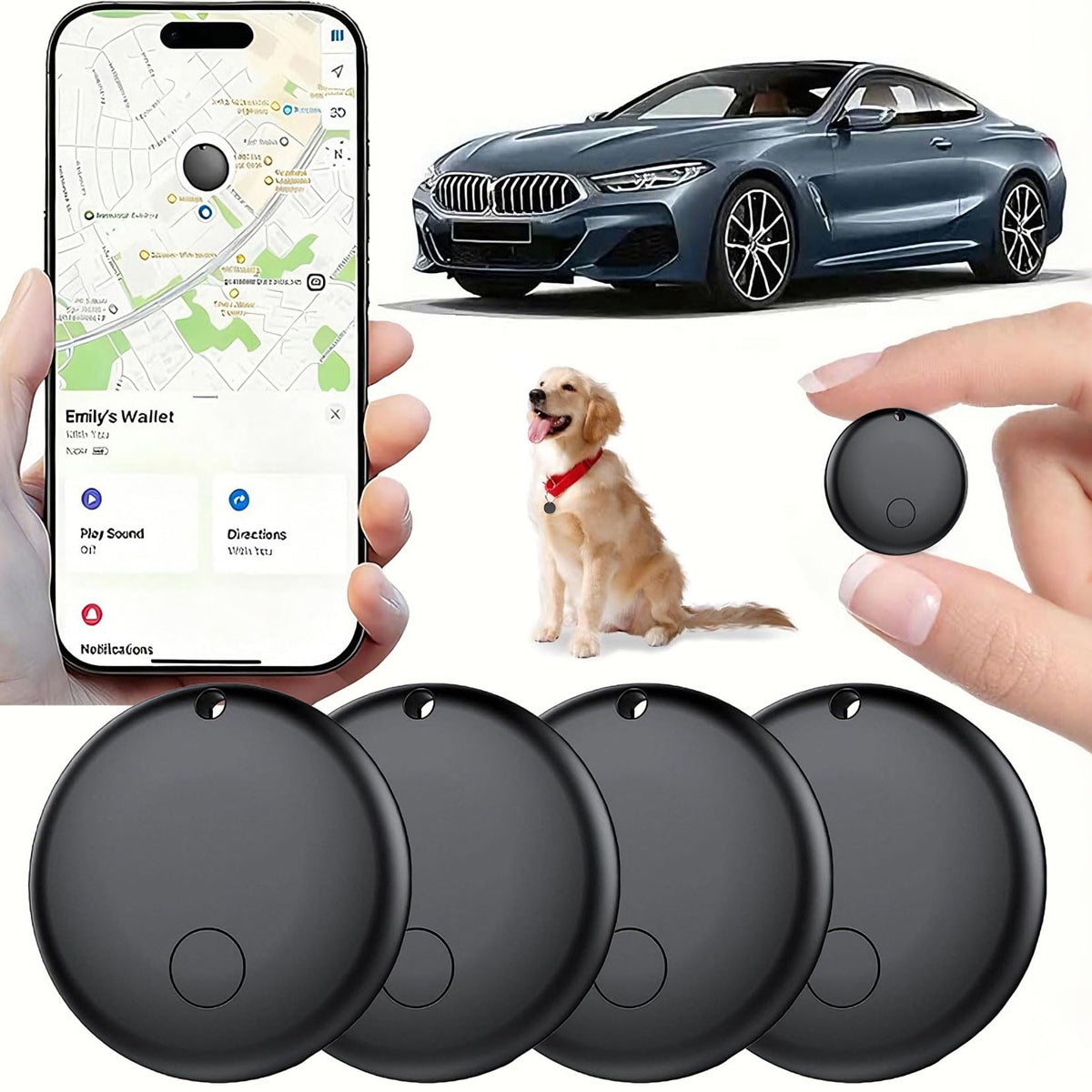 Mini GPS izsekotājs bez mēneša maksas un abonementa, saderīgs ar Apple Find My (iOS), bērniem, velosipēdam, atslēgām, suņiem, kaķiem un bagāžai, 4 gab.