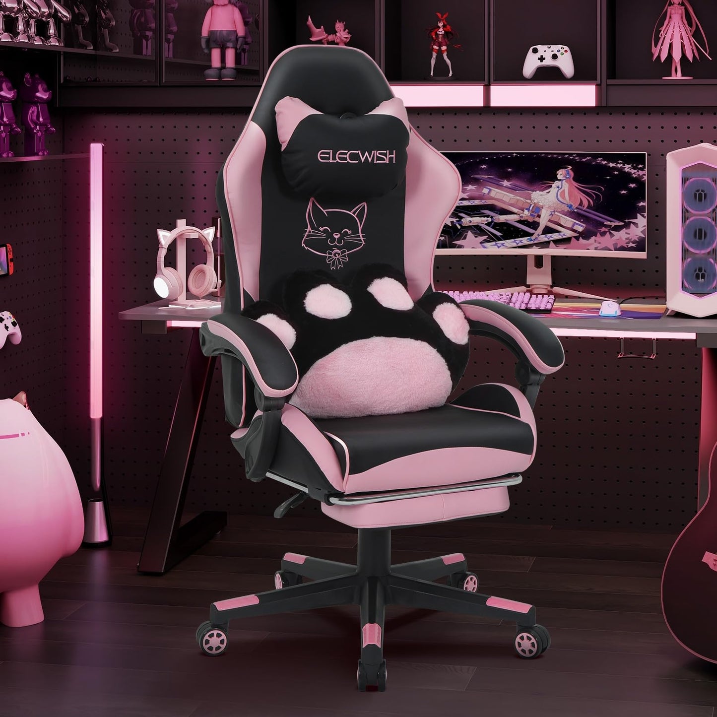 Fullwatt Cute gaming krēsls ar kaķa ķepas jostasvietas spilvenu un kaķa ausīm, ergonomisks sacīkšu krēsls, ar kāju balstu un noņemamu galvas balstu, regulējams augstums, PU āda, rozā