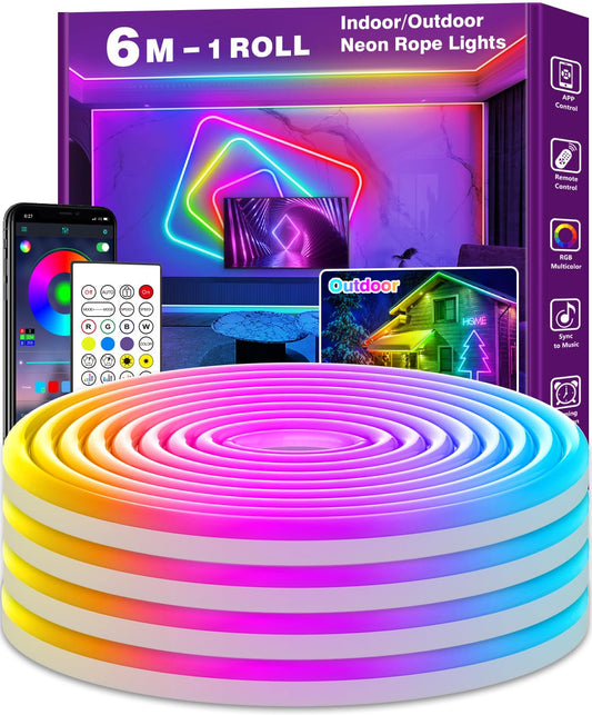 LED lente LETIANPAI 6m, elastīga neona LED lente, vadība ar lietotni/tālvadību, vairāki režīmi, ūdensizturīga, mūzikas sinhronizācija, RGB neona gaisma guļamistabai, iekštelpām un IP65 ārtelpām