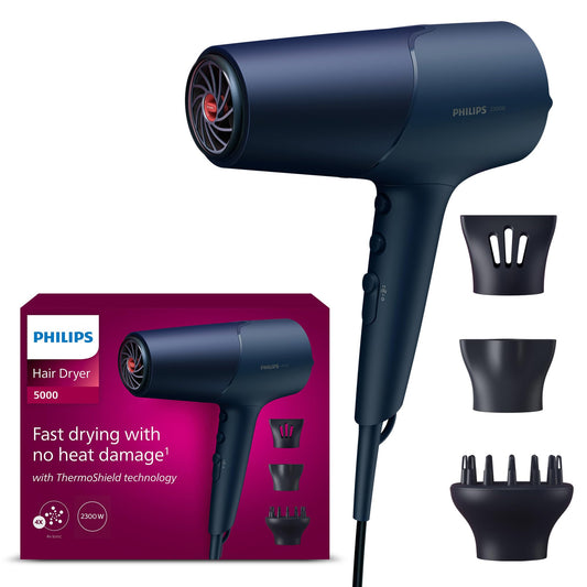 Philips matu fēns 5000 sērija, ThermoShield tehnoloģija, jonizācijas funkcija, 2300 W, metāliska zila, ar 9 mm un 11 mm stila uzgali, apjoma difuzors, BHD510/20
