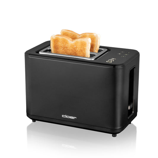 Cloer 3930 Digitālais tosteris 2 šķēlēm, skārienfunkcija, 750-900 W, atlikušā laika rādītājs, atkausēšanas funkcija, atkārtotas sildīšanas funkcija, maizīšu turētājs, 7 brūnināšanas līmeņi, drupatu atvilktne, melns