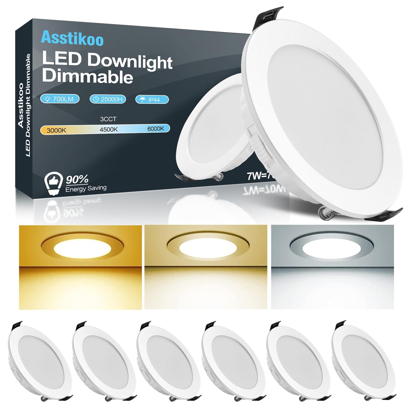 LED iebūvētie prožektori Asstikoo 230V, dimmējami, 7W, iebūves Ø85-100mm, 6 gab. komplekts