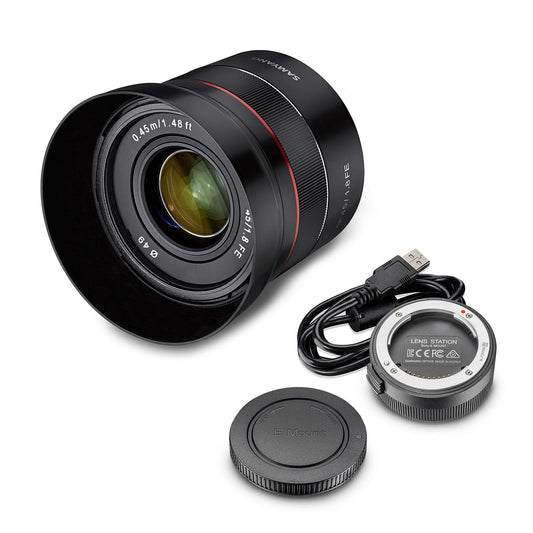 Samyang AF 45mm F1,8 FE + objektīva stacija Sony E-mount pilna kadra & APS-C I ultra viegls standarta objektīvs ar ātru autofokusu I fiksētā fokusa attālums Sony E mount A7C, A7 III, A6100 u.c.