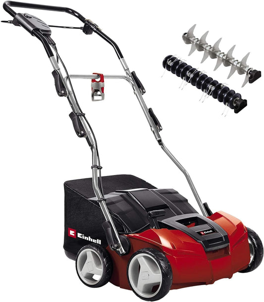 Elektriskais skarifikators un aerators Einhell GE-SA 1435, 1400W, 35cm darba platums, līdz 3-9mm darba dziļums, augstumā regulējams rokturis, 28L savācējmaiss, iekļauts aeratora veltnis