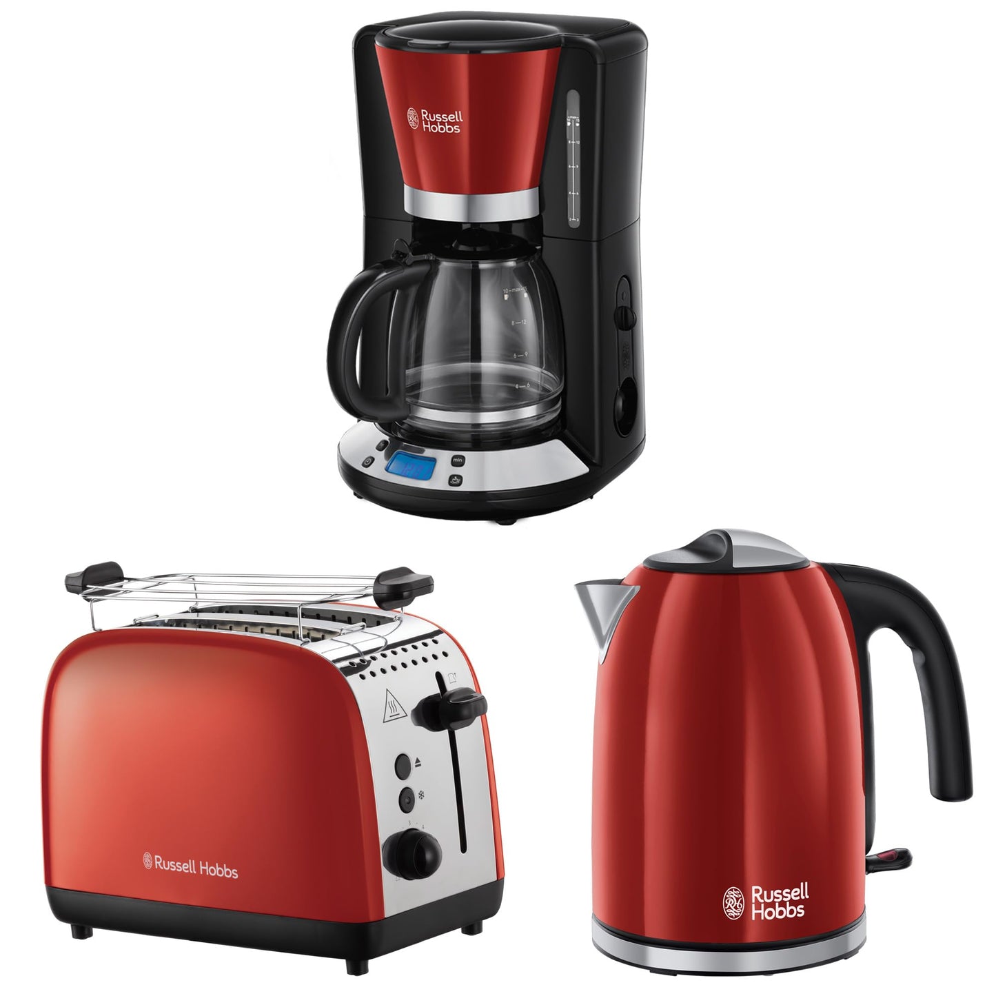 Russell Hobbs brokastu komplekts Colours+ sarkans: kafijas automāts, tējkanna un tosteris