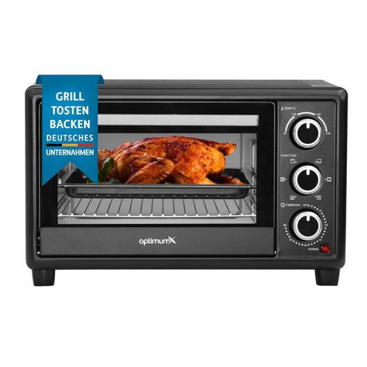 OptimumX 20 L Minikrāsns, mazā mini krāsns ar gaisa cirkulāciju, 60 minūšu taimeris, picas krāsns, 1380 W, melna