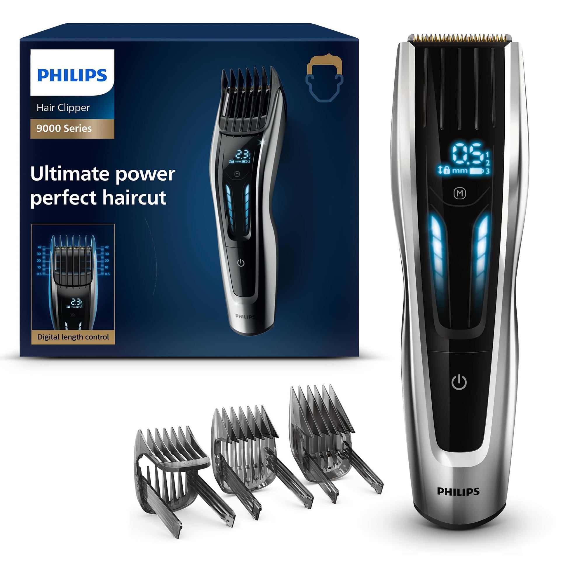 Philips matu griezējs Series 9000, digitālā skārienkontrole, augstākā jauda, titāna asmeņi, 400 garuma iestatījumi, 120 minūtes bezvadu darbības, modelis HC9450/15