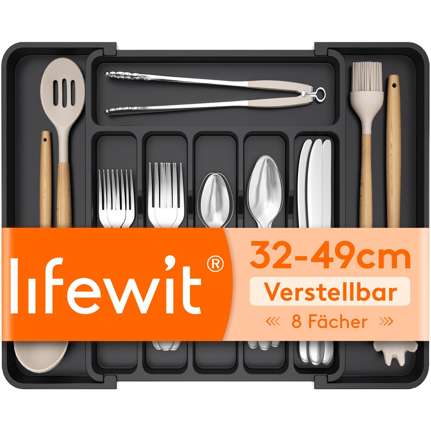 Lifewit galda piederumu kaste atvilktnēm, regulējams plastmasas virtuves organizators, dziļums 35 cm, galda piederumu ieliktnis 6-8 nodalījumi, izvelkams līdz 49 cm, karotēm, dakšām un traukiem, melns